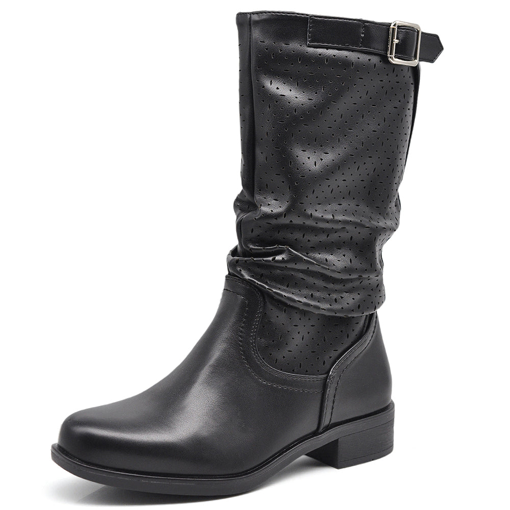 Biker Motociclista Stivaletti Primaverili Arricciati in Pelle Sintetica con Fori Decorativi YL205