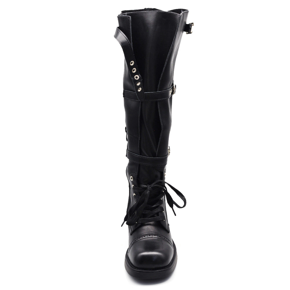 Anfibi Stivali alti al ginocchio da donna con tripla fibbia lacci punta squadrata XT1 nero