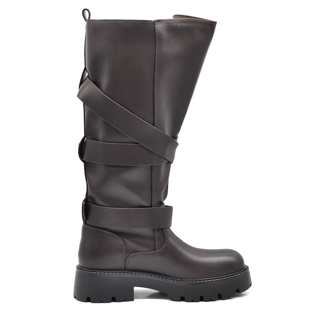 Stivali Biker Donna Alti con Maxi Linguetta Integrata, Fibbie e Cinturini, Gambale Largo, Suola Platform Carrarmato Stile Motociclista WG602