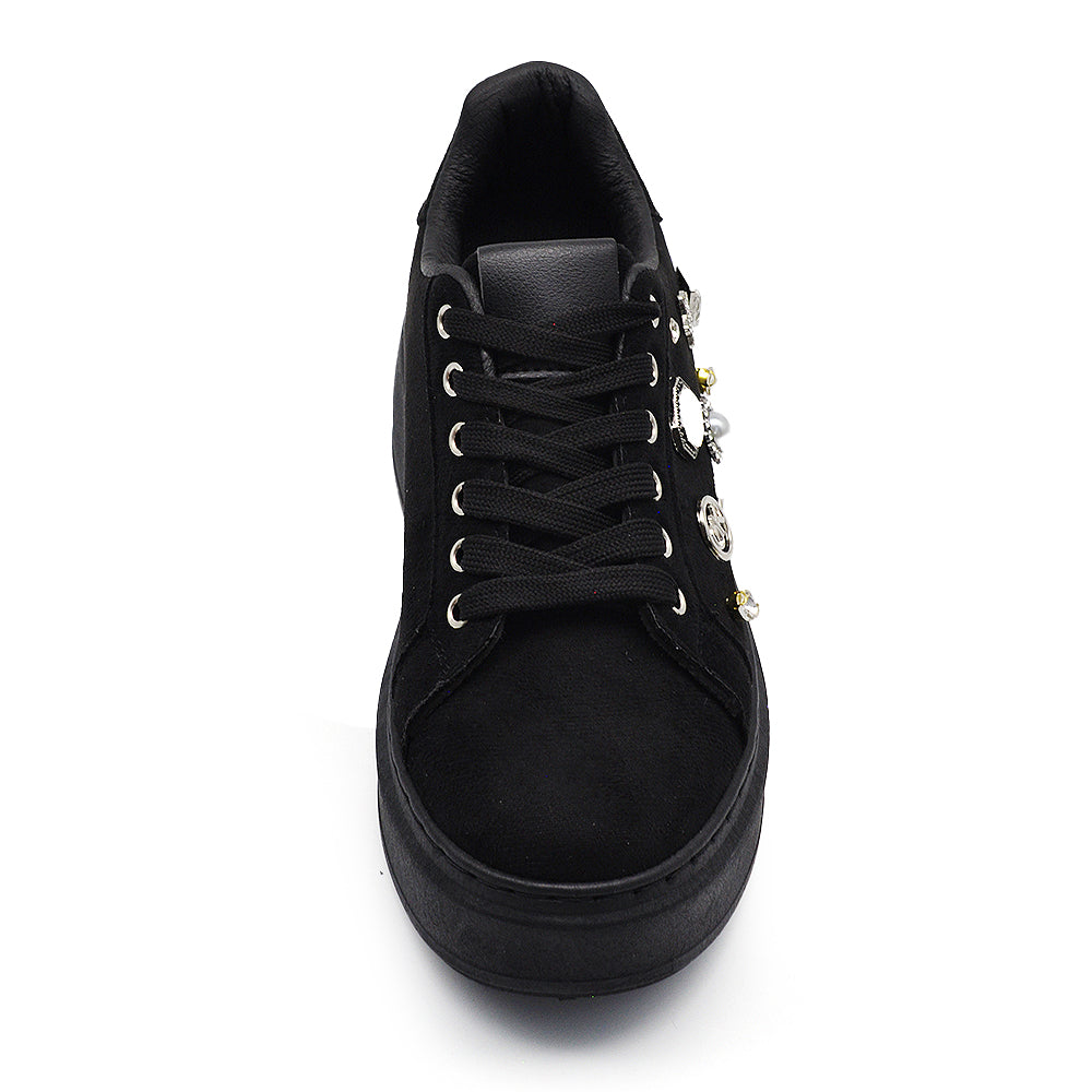 Sneakers Casual Moda da Donna con Platform Zeppa Borchie e Strass Sportive Comode Scamosciate AD-106