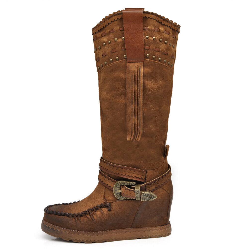 Stivali Indianini Da Donna Al Ginocchio Frange borcie Fibbie Zeppa Interna 9668