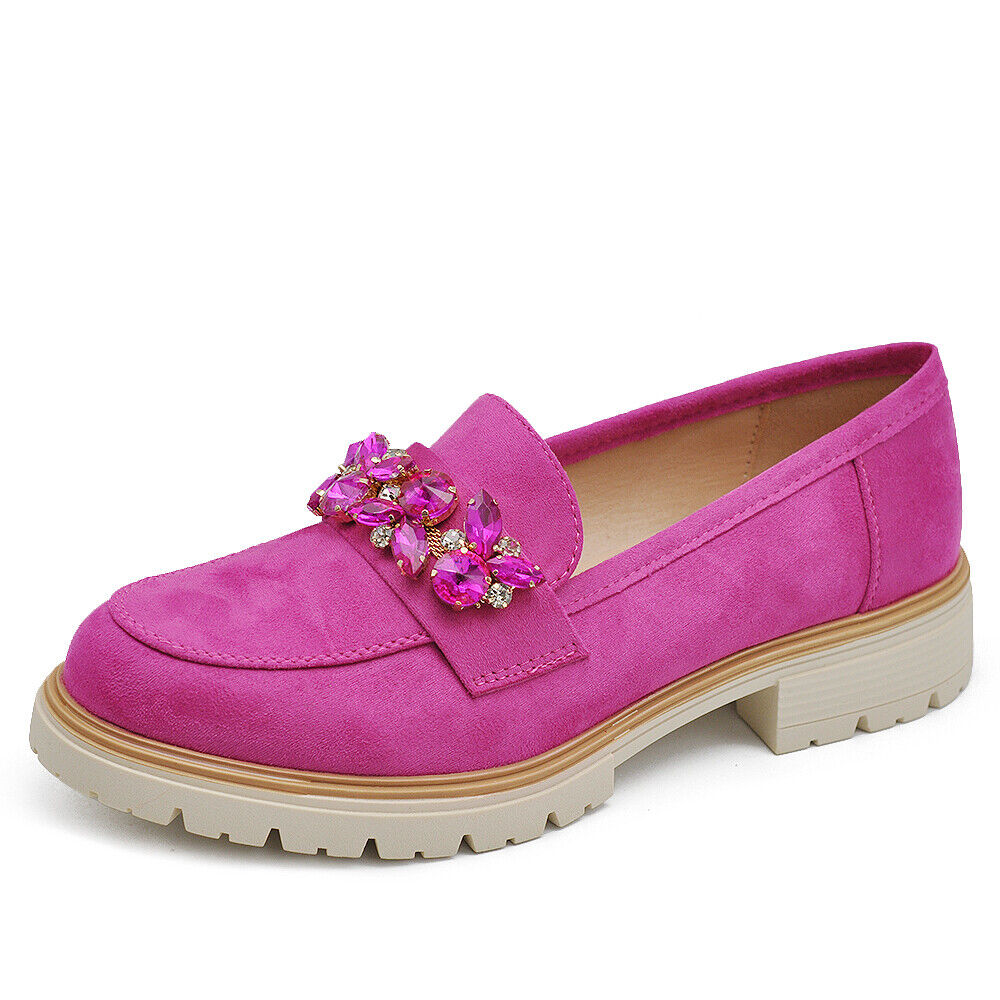 Scarpe Mocassini Loafers Slip On Scamosciati Da Donna Platform strass pietre 216