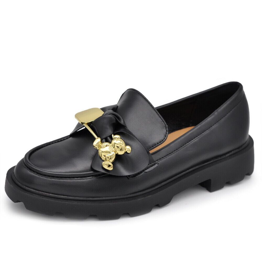 Scarpe Mocassini Loafers Slip On Da Donna Con Fiocco e Orsetto Dorato H55 nero