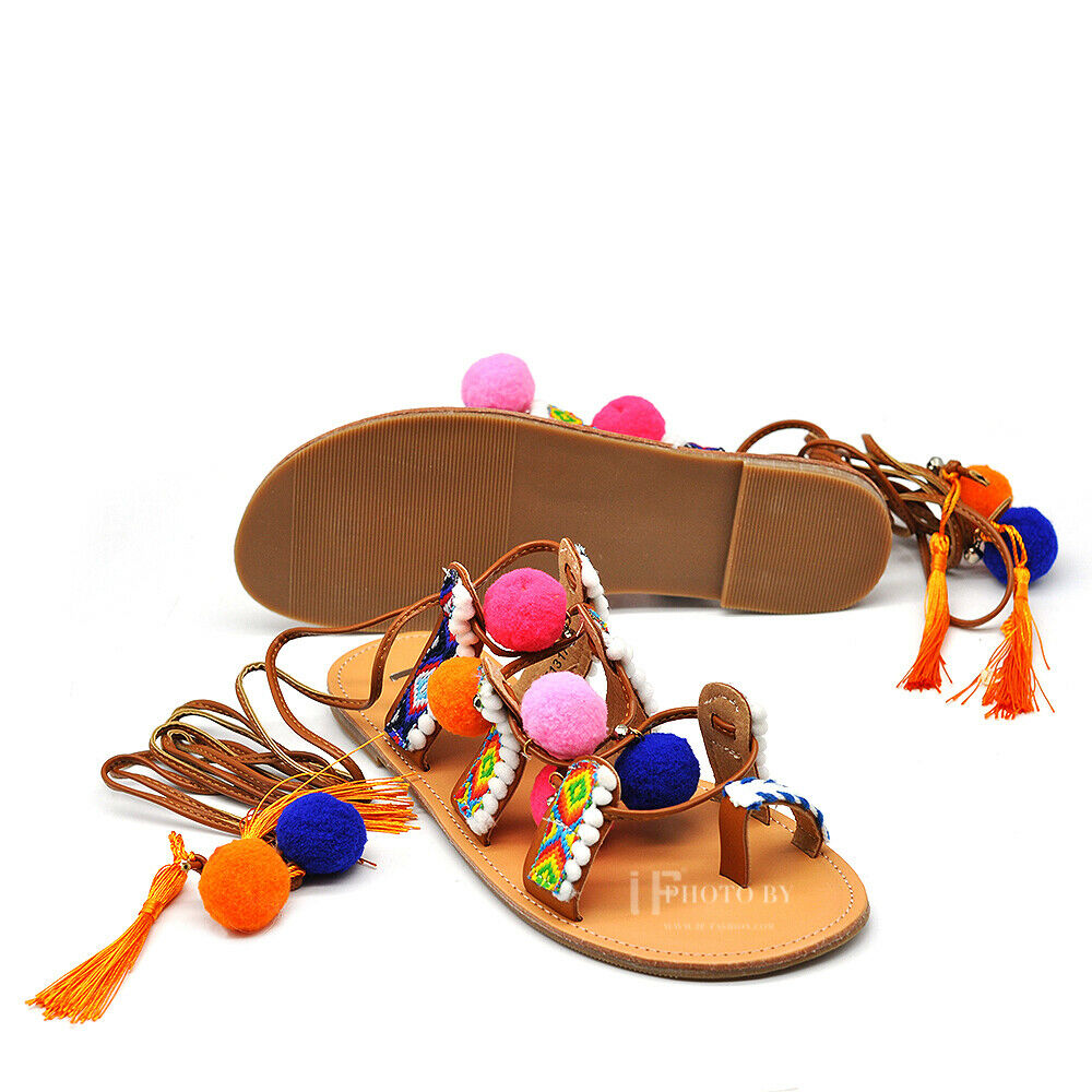 Scarpe Sandali Da Donna Schiava Ibiza Pom Pom Bohémien Frange Colorate IF1317