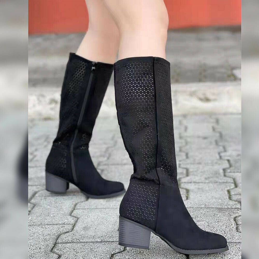 Stivali Primaverili Scamosciati Estivi Traforati Camperos Con Tacco Da Donna 665