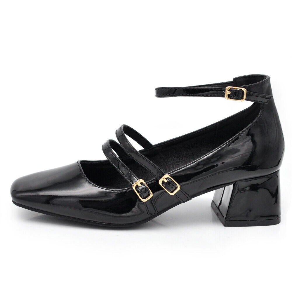 Décolleté Ballerine Scarpe Da Donna Mary Jane Tacco Grosso Con Cinturini K305