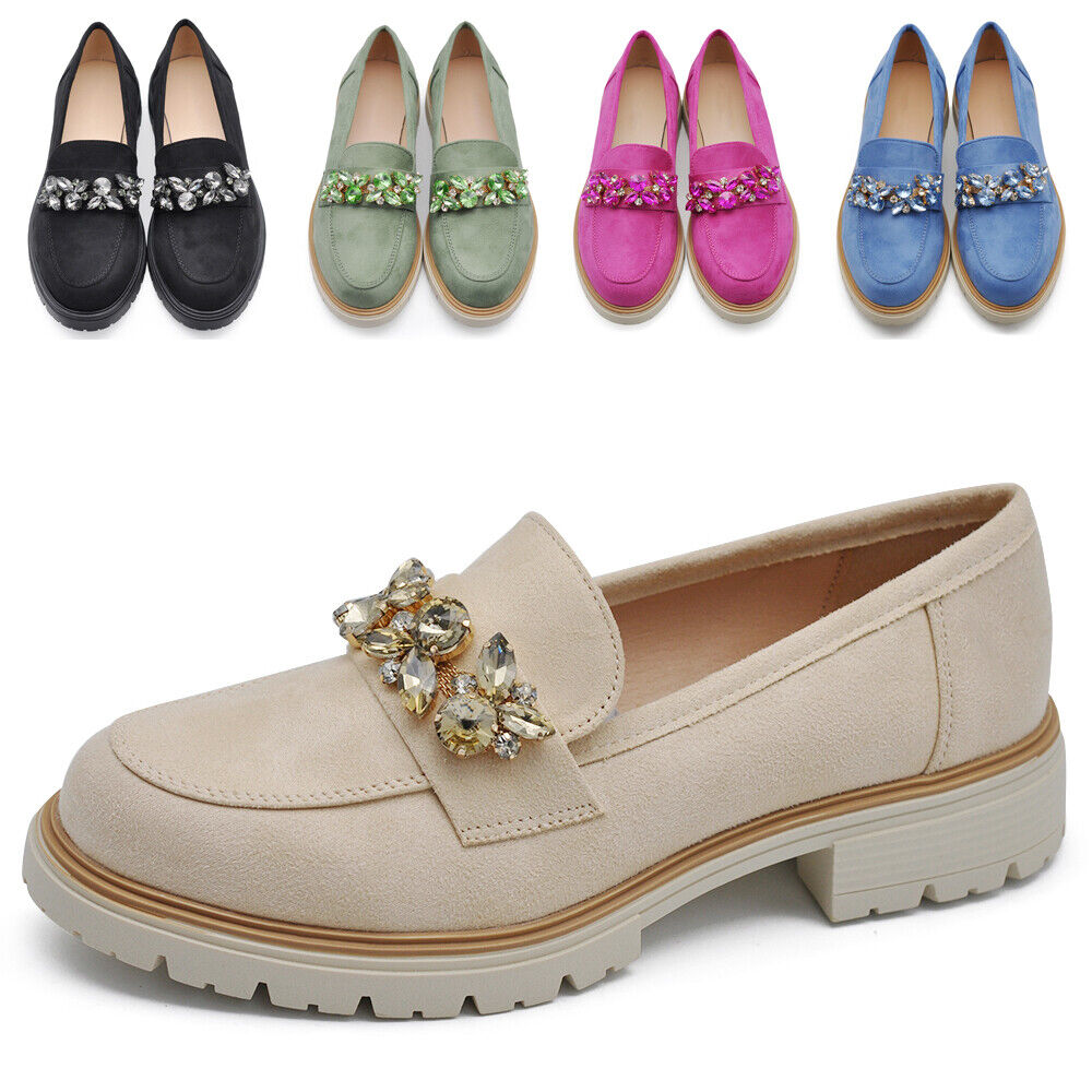 Scarpe Mocassini Loafers Slip On Scamosciati Da Donna Platform strass pietre 216
