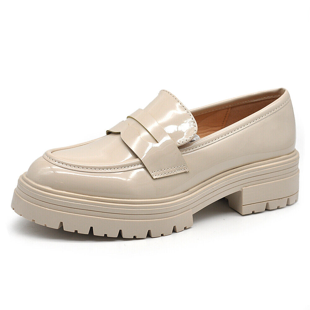 Scarpe Mocassini Loafers Slip On Lucido Da Donna Platform YL100 Nero Beige