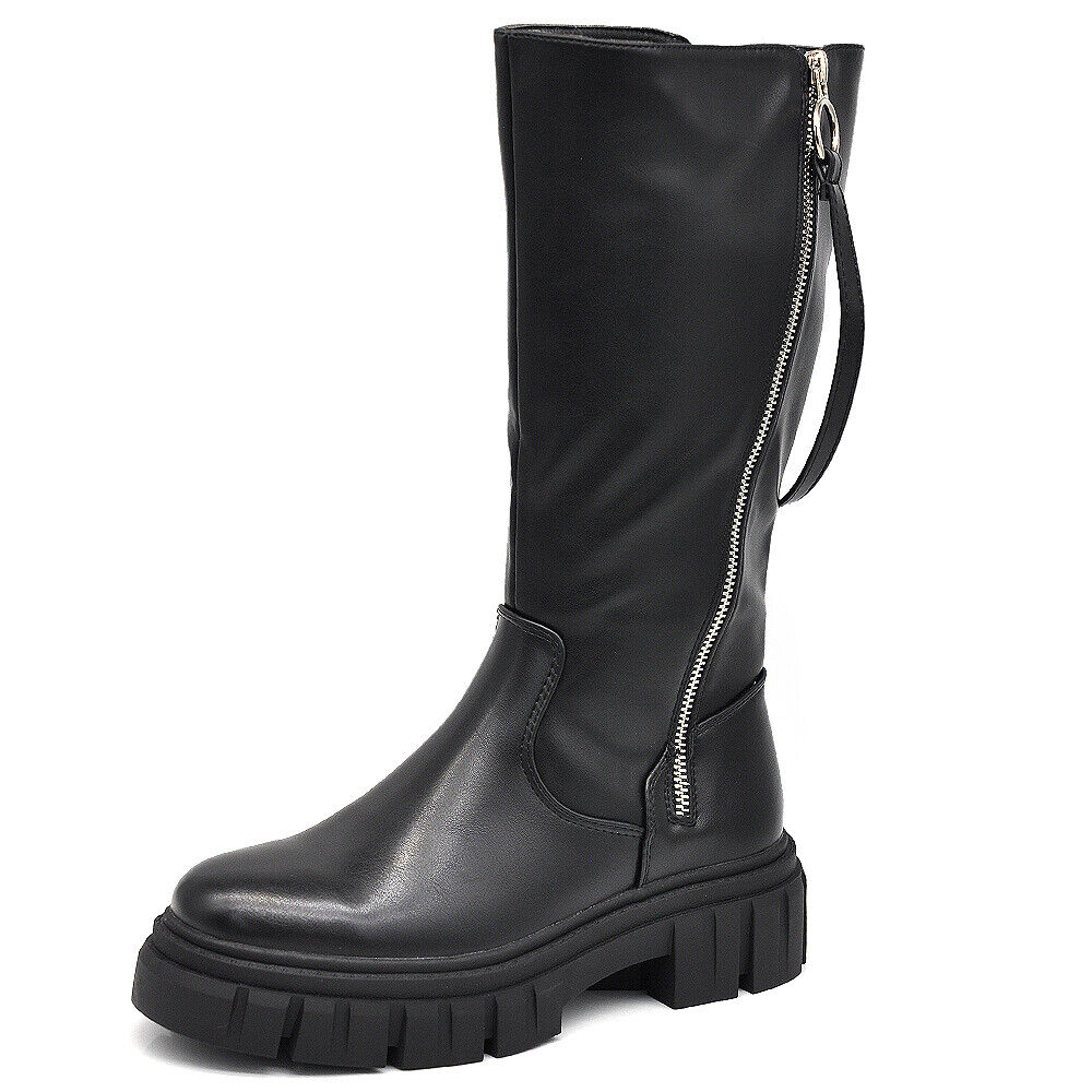 Scarpe Da Donna Stivali Motociclista Biker Doppio Zip Cerniera Platform 6630