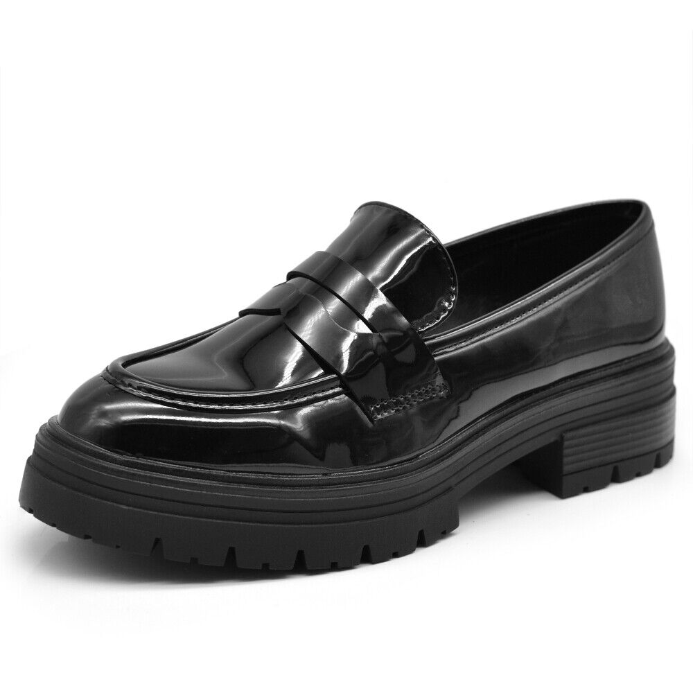 Scarpe Mocassini Loafers Slip On Lucido Da Donna Platform YL100 Nero Beige