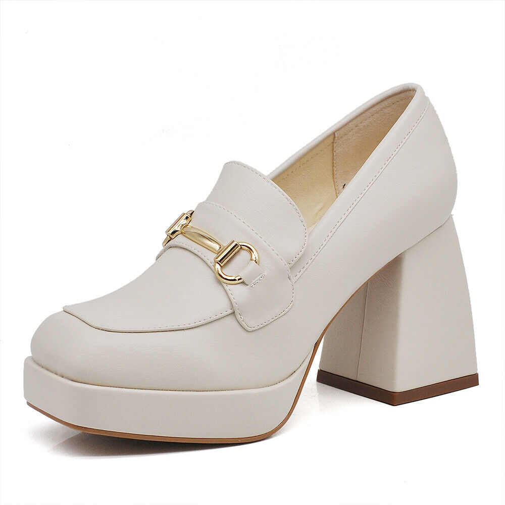 Mocassini Décolleté Da Donna Morsetto Tacco Grosso 358-1 nero cuoio bianco beige