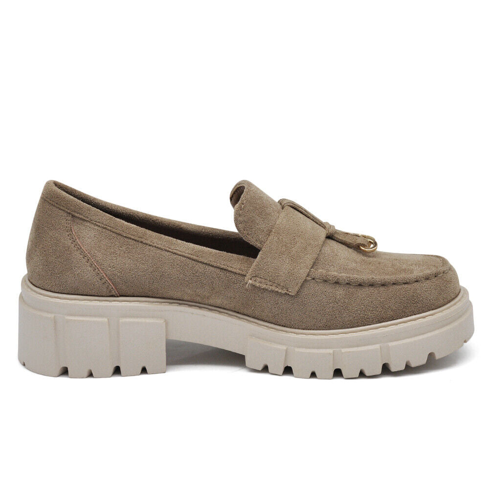 Scarpe Mocassini Loafers Slip On Scamosciati Da Donna Platform D8102 Khaki blu