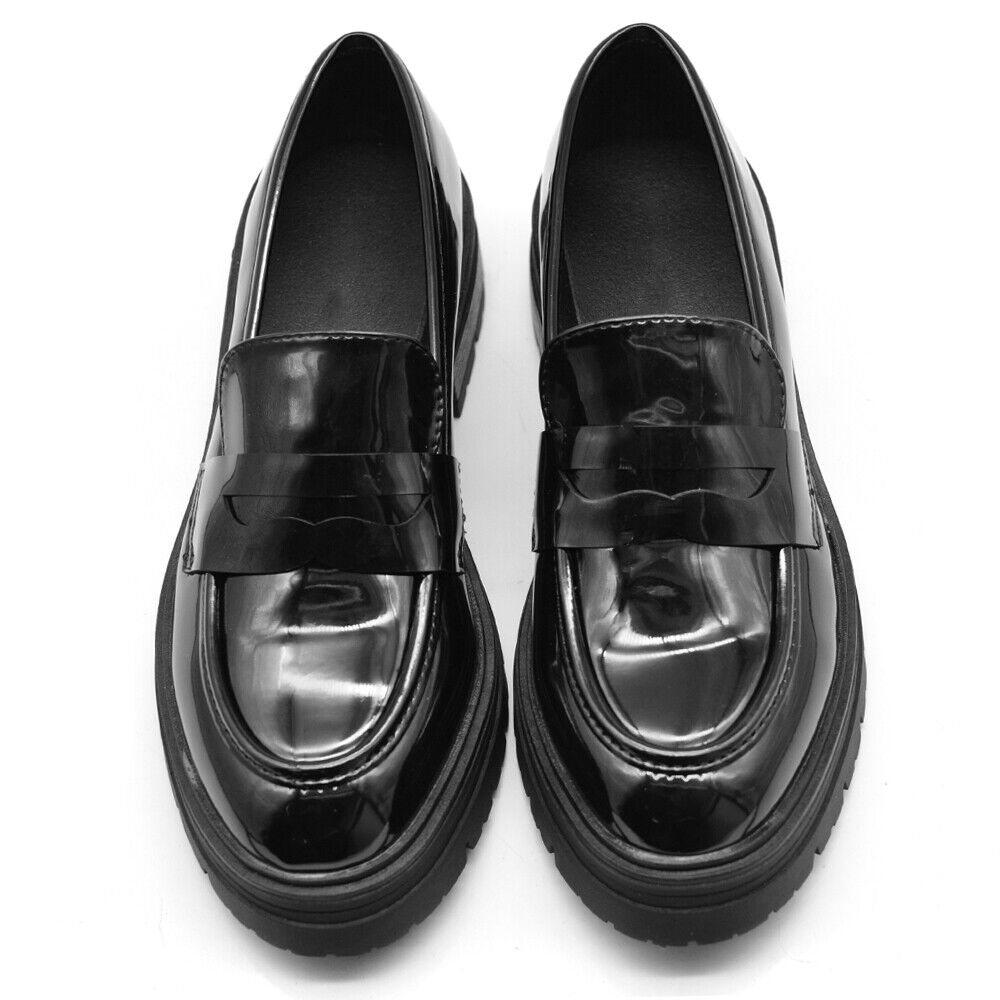 Scarpe Mocassini Loafers Slip On Lucido Da Donna Platform YL100 Nero Beige