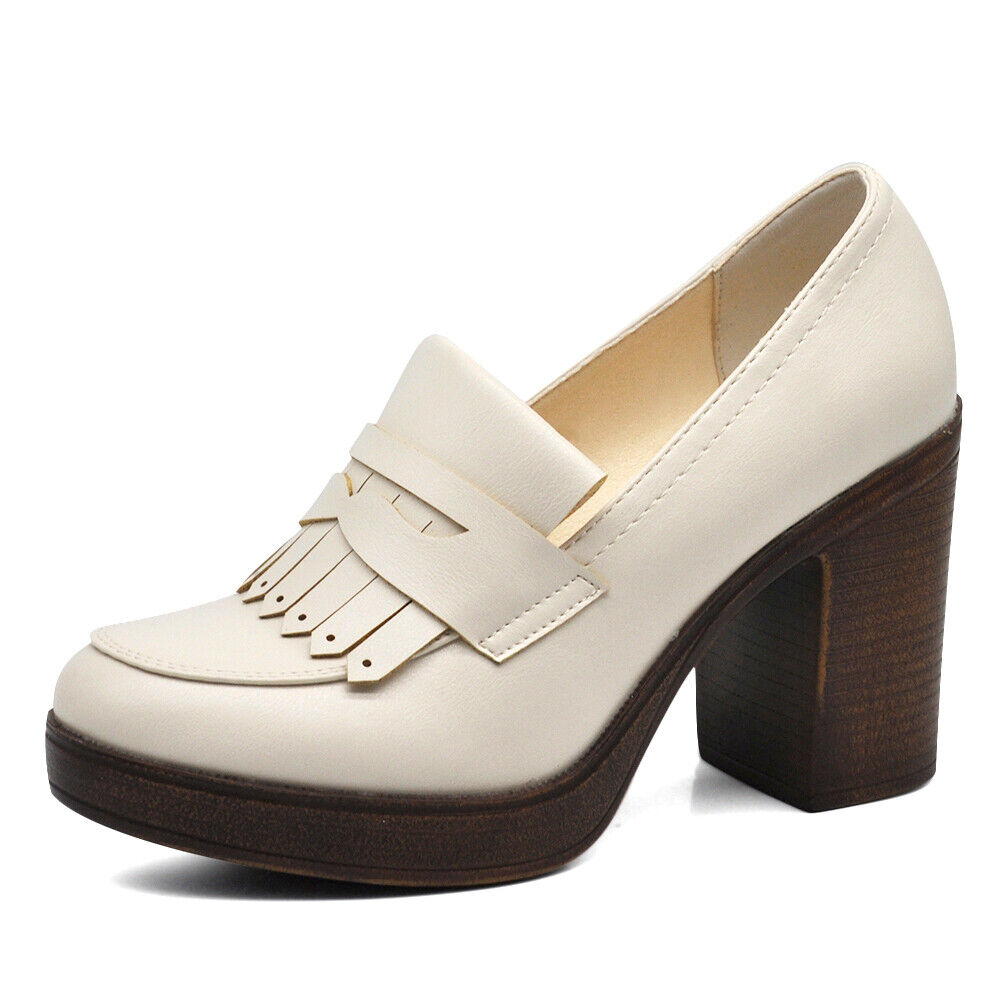 Mocassini Decoltè Décolleté Da Donna Frange Tacco Grosso MP354-3 nero cuoio beige