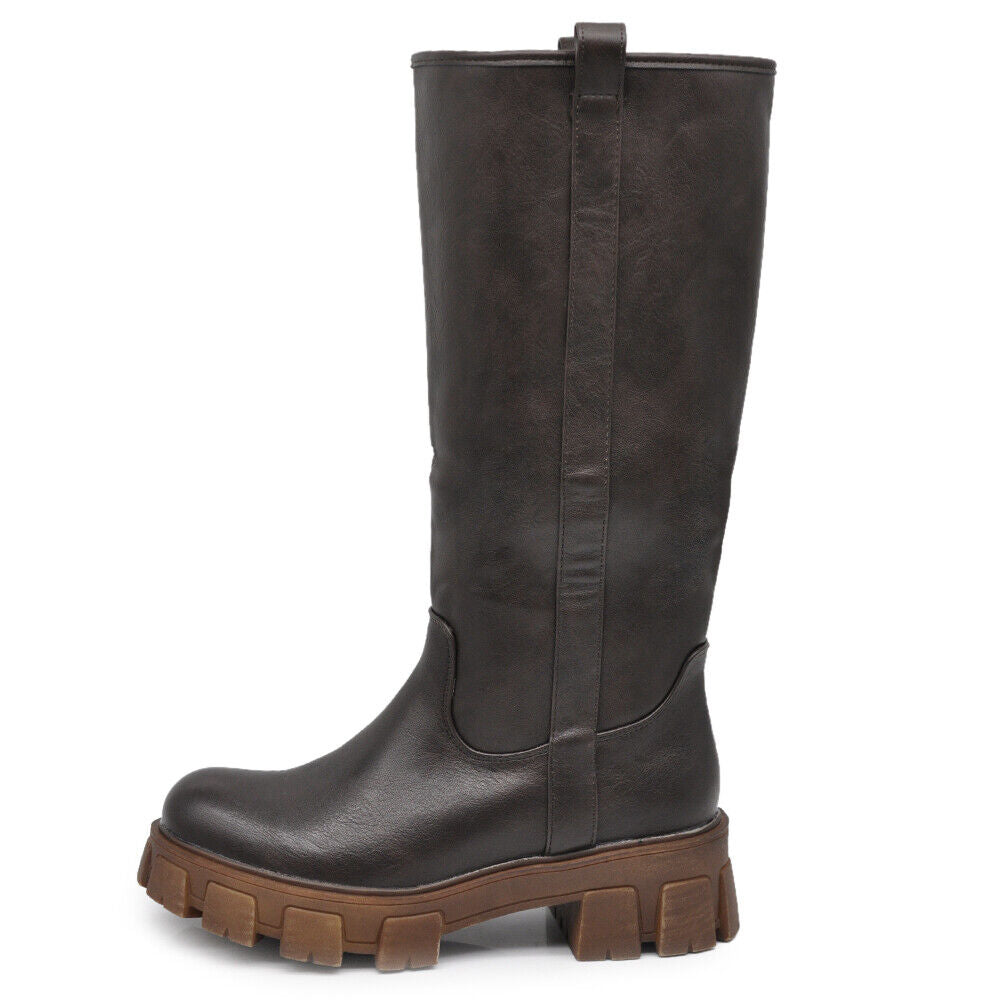 Stivali Biker Motociclista Da Donna Al Polpaccio Platformo Suola Track YG882