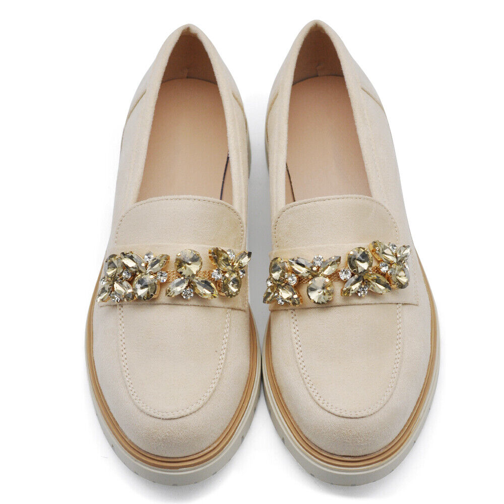 Scarpe Mocassini Loafers Slip On Scamosciati Da Donna Platform strass pietre 216