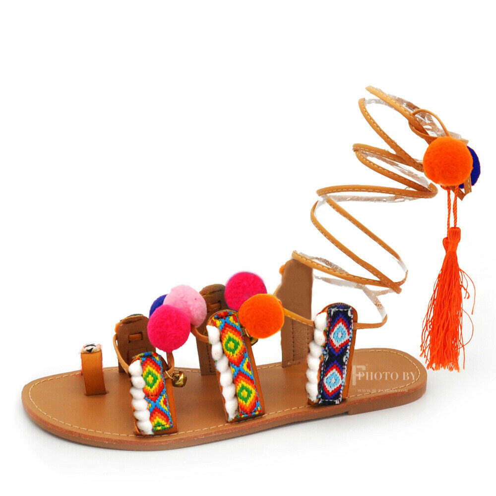 Scarpe Sandali Da Donna Schiava Ibiza Pom Pom Bohémien Frange Colorate IF1317