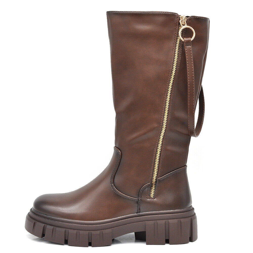 Scarpe Da Donna Stivali Motociclista Biker Doppio Zip Cerniera Platform 6630