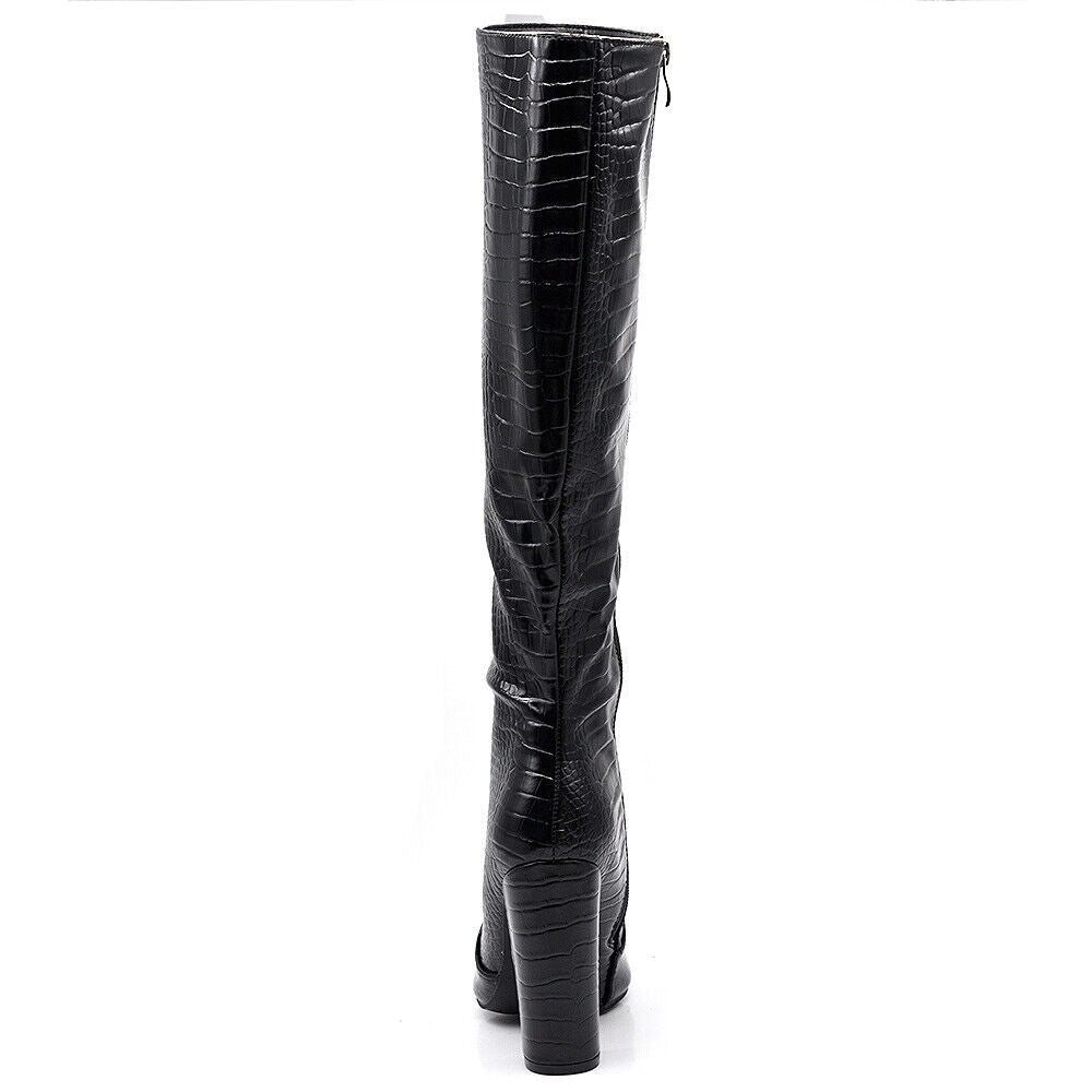 Stivali Alti Da Donna A Punta Tacco Camperos Coccodrillo MS-25006 nero beige