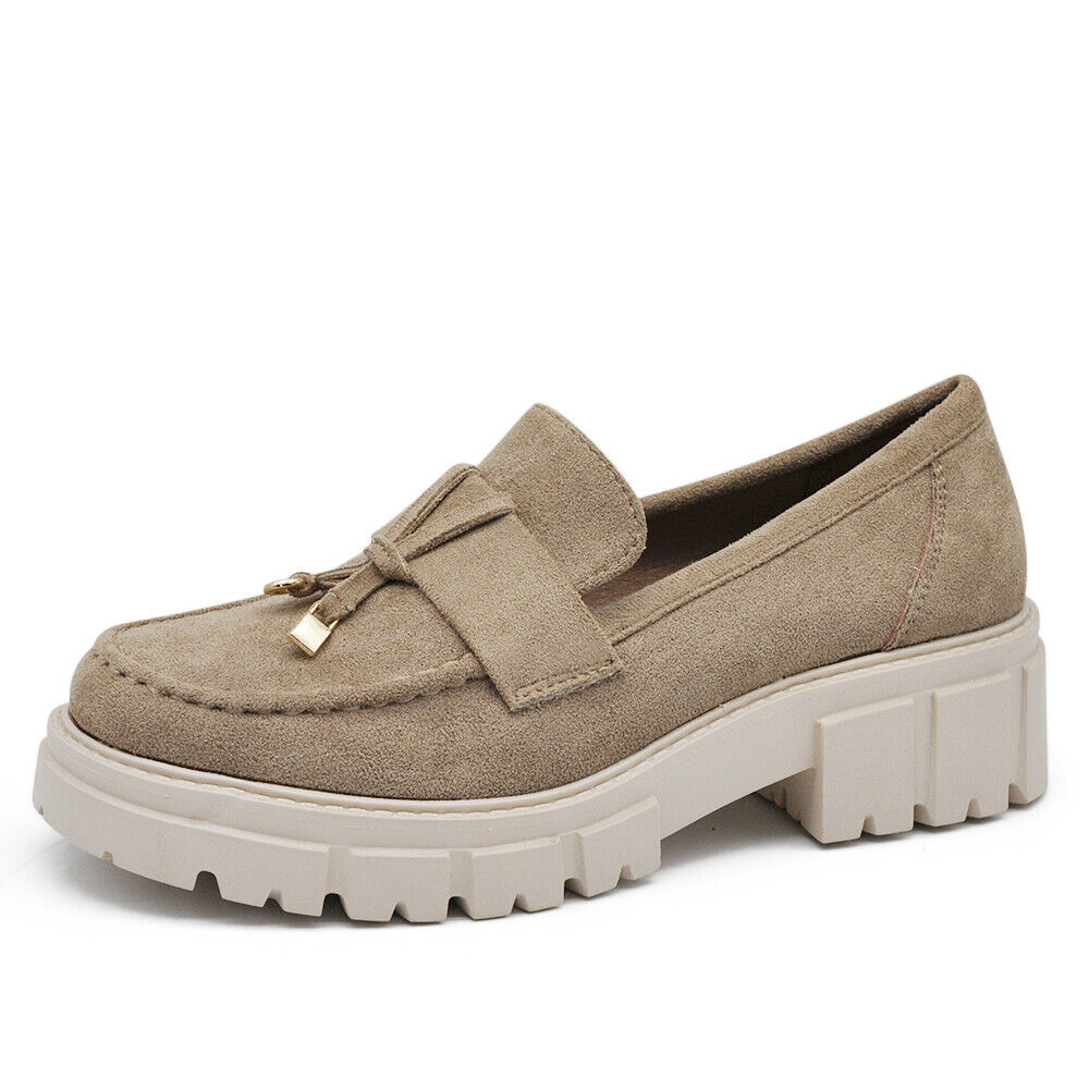 Scarpe Mocassini Loafers Slip On Scamosciati Da Donna Platform D8102 Khaki blu