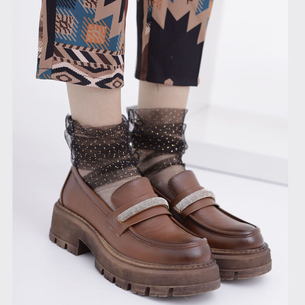 Scarpe Mocassini Loafers Slip On Da Donna Con Strass Pietrini Platform MP370-12