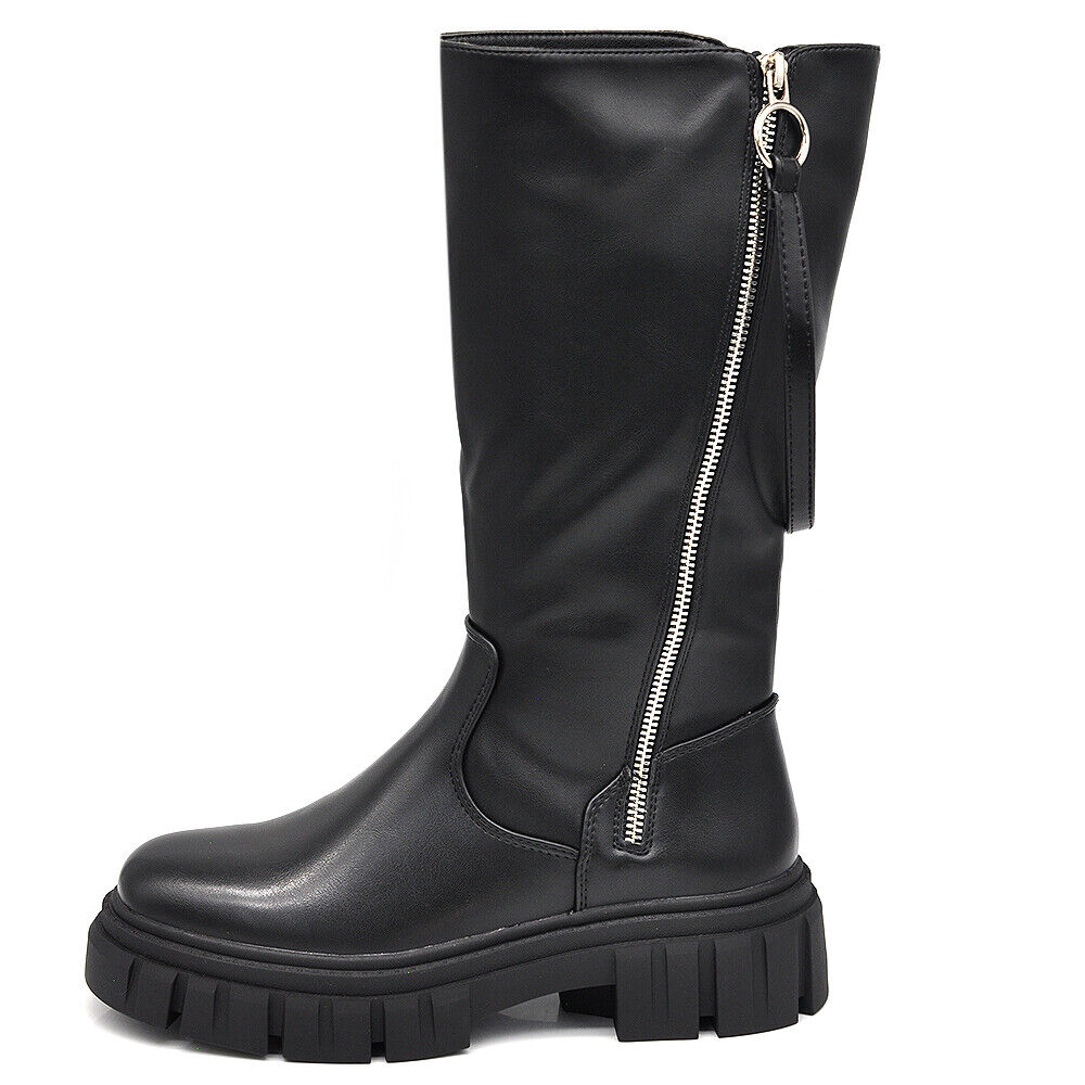 Scarpe Da Donna Stivali Motociclista Biker Doppio Zip Cerniera Platform 6630