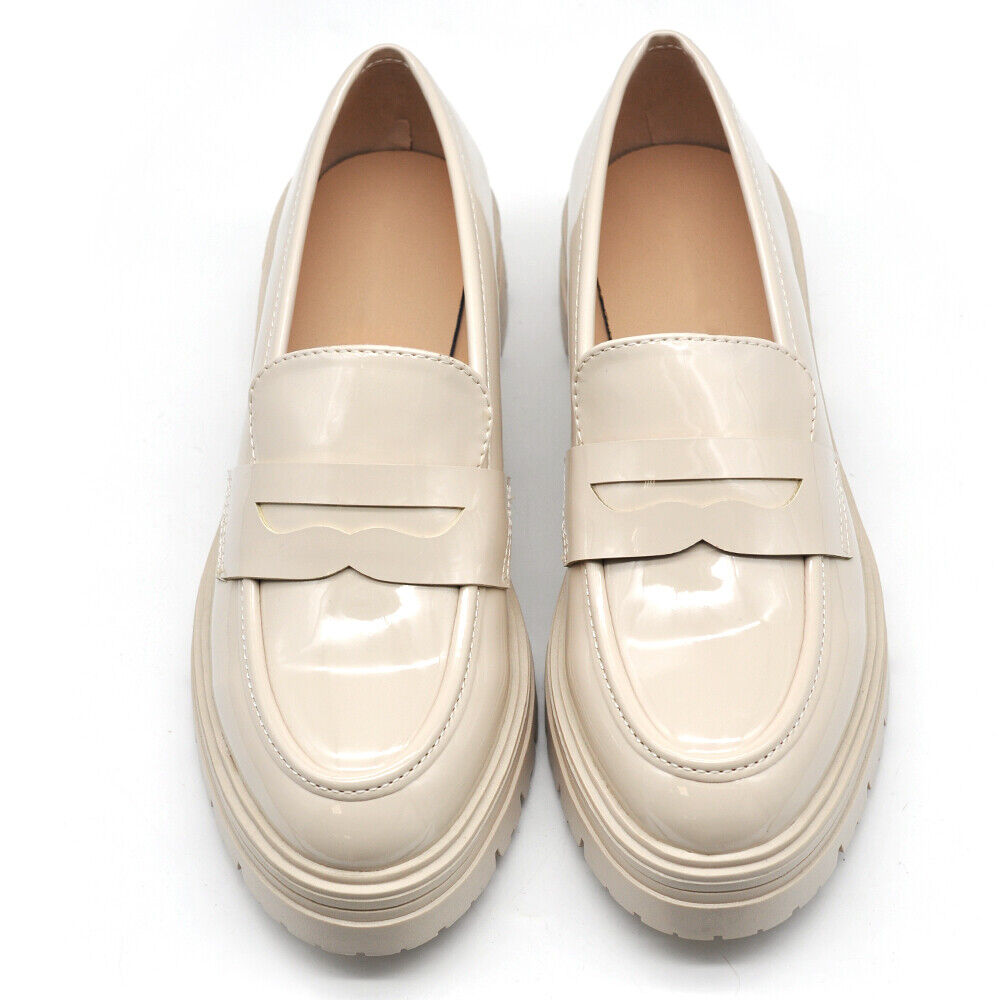 Scarpe Mocassini Loafers Slip On Lucido Da Donna Platform YL100 Nero Beige