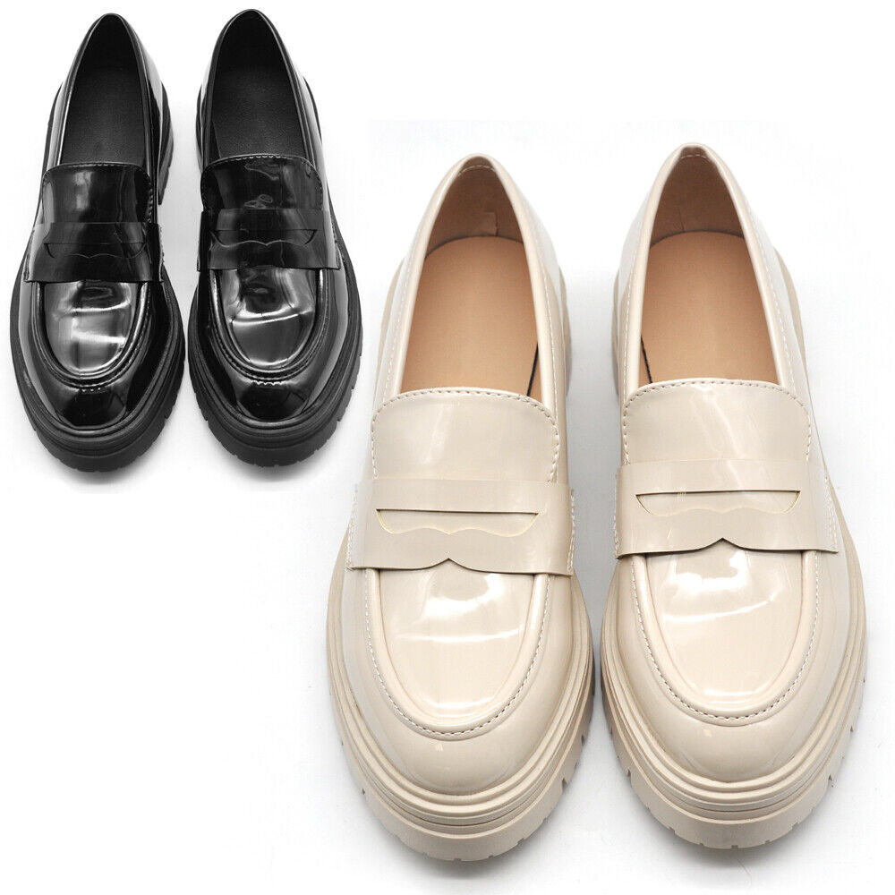 Scarpe Mocassini Loafers Slip On Lucido Da Donna Platform YL100 Nero Beige