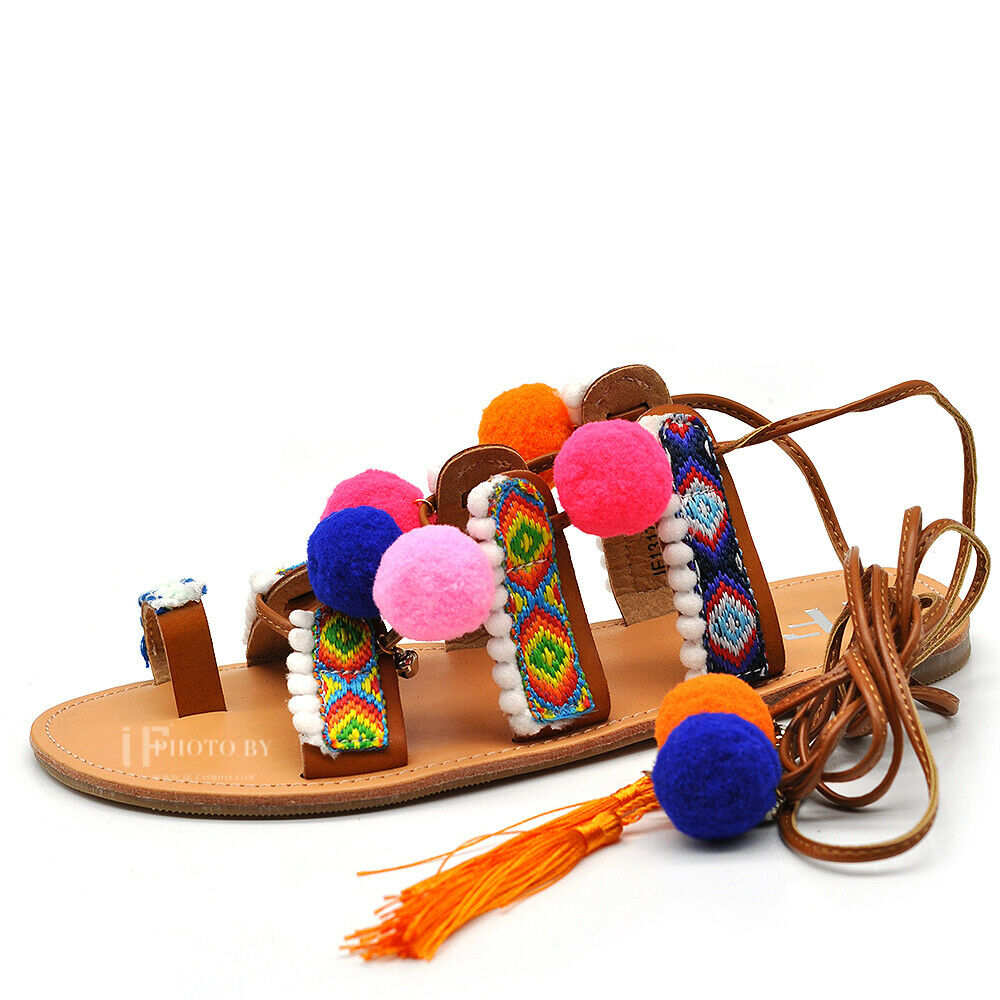 Scarpe Sandali Da Donna Schiava Ibiza Pom Pom Bohémien Frange Colorate IF1317