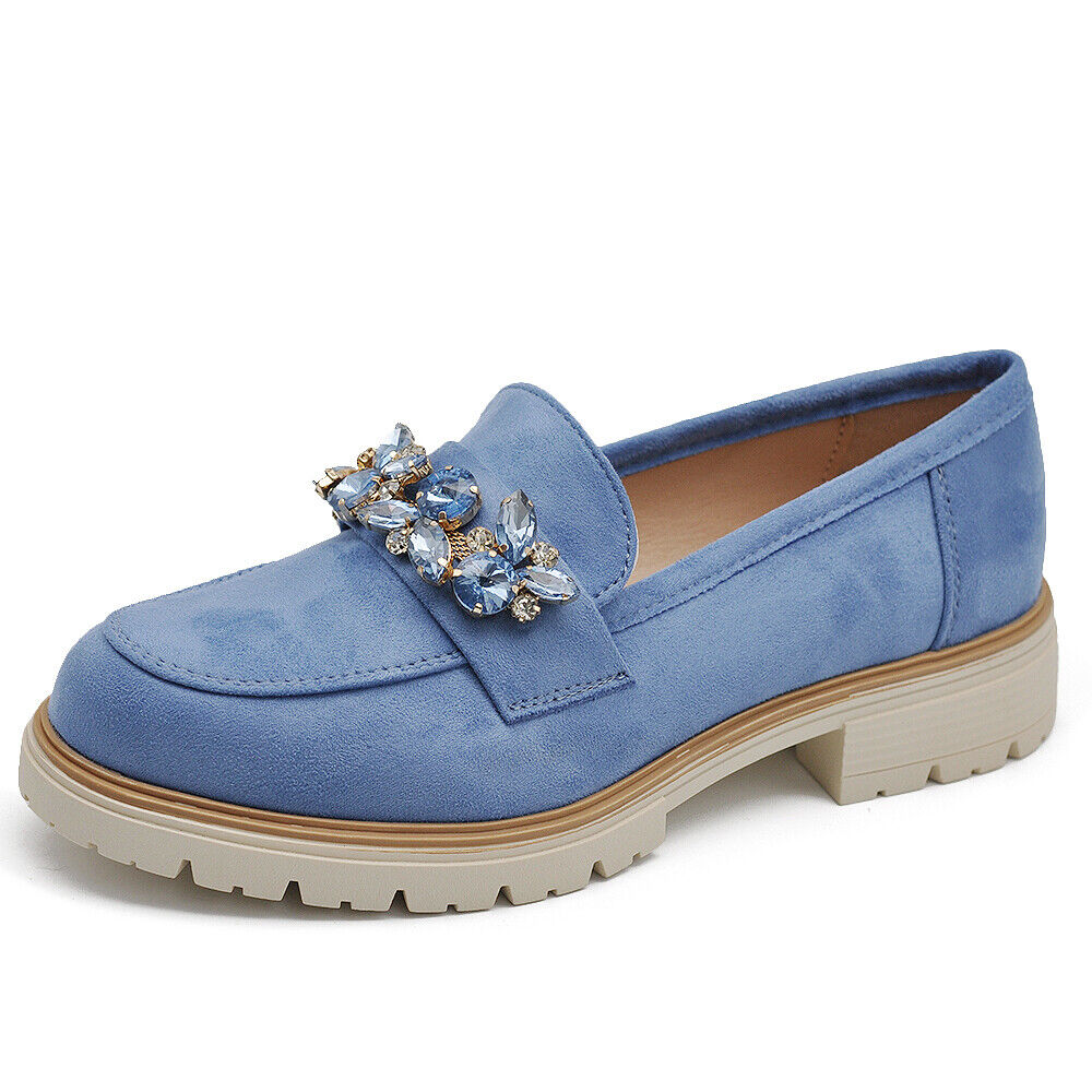 Scarpe Mocassini Loafers Slip On Scamosciati Da Donna Platform strass pietre 216