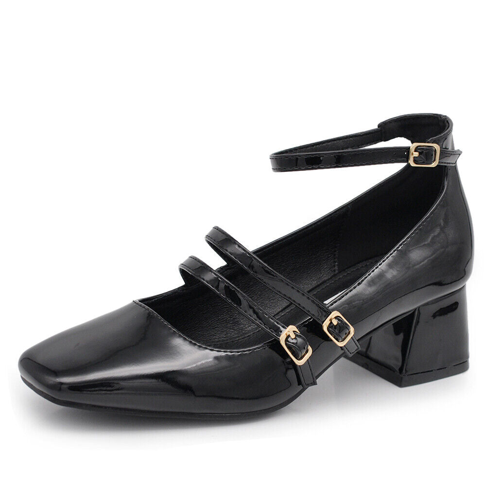 Décolleté Ballerine Scarpe Da Donna Mary Jane Tacco Grosso Con Cinturini K305