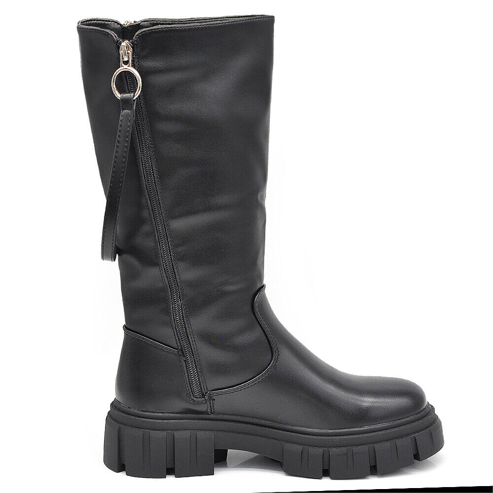 Scarpe Da Donna Stivali Motociclista Biker Doppio Zip Cerniera Platform 6630