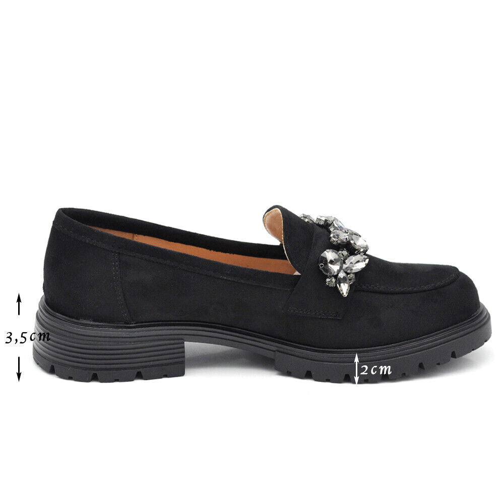 Scarpe Mocassini Loafers Slip On Scamosciati Da Donna Platform strass pietre 216