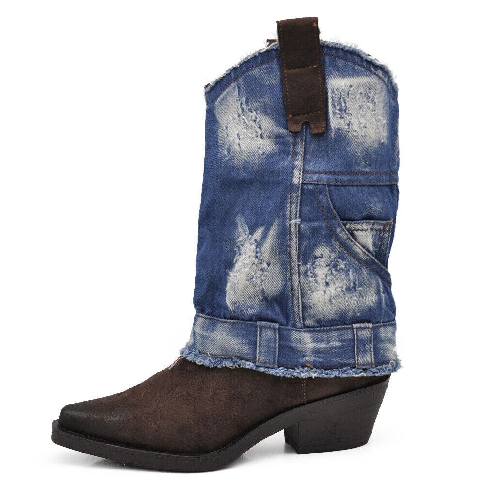 Stivali Texani Arricciati Da Donna A Punta Con Tacco Ghetta Risvolto Jeans 6657