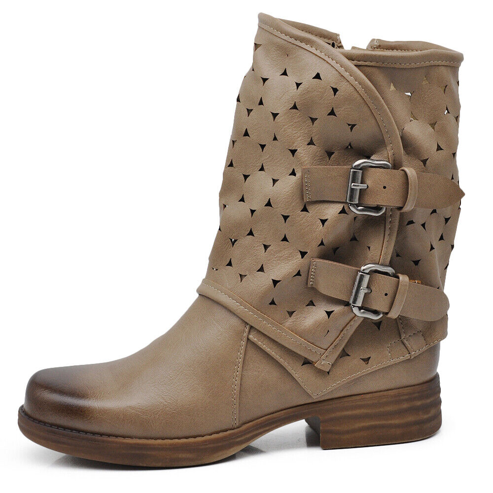 Stivaletti Biker Motociclista Da Donna Polpaccio Largo Con Fibbie Borchie 647-3