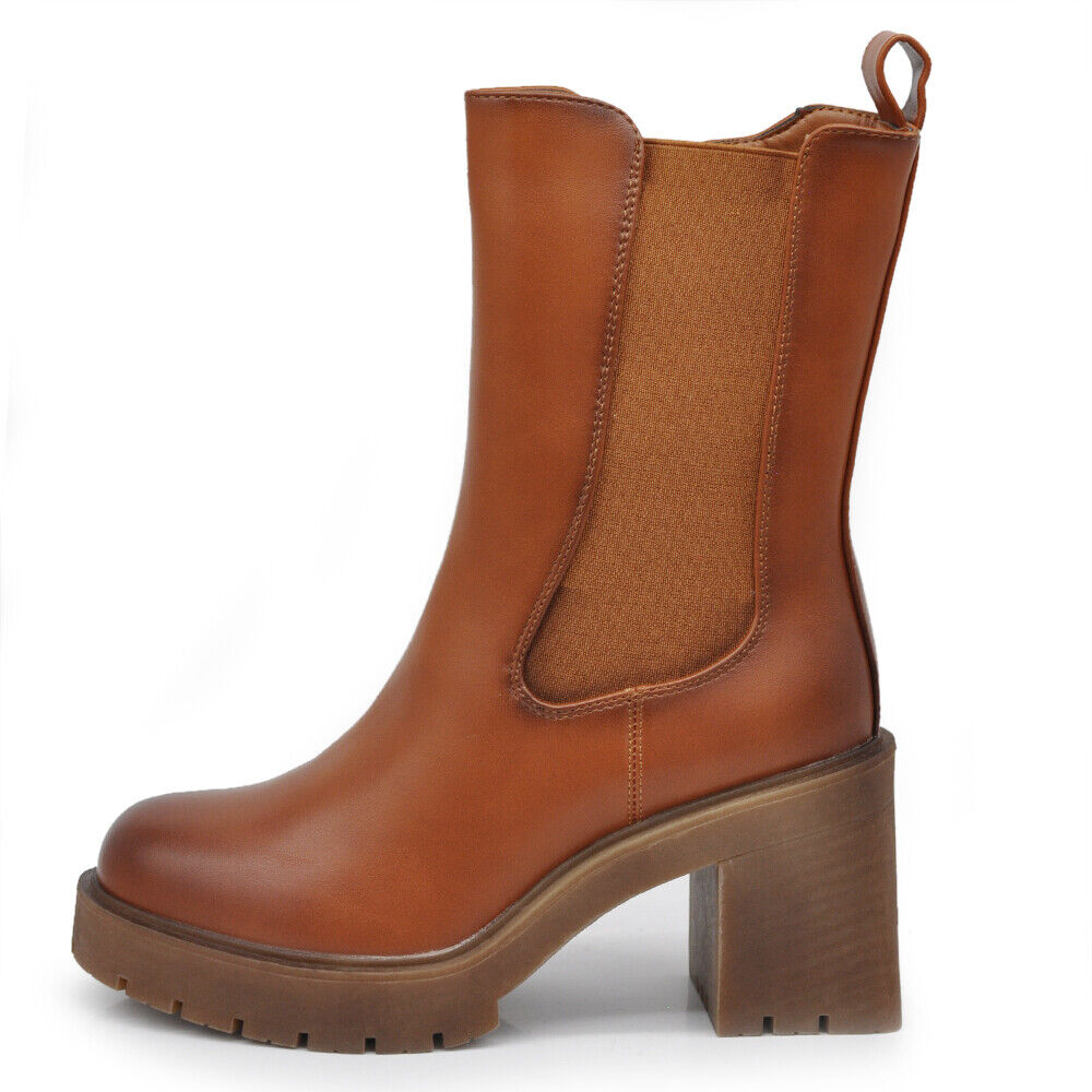 Stivaletti Tronchetti Chelsea Da Donna Con Tacco Grosso Plateau 6629 nero camel