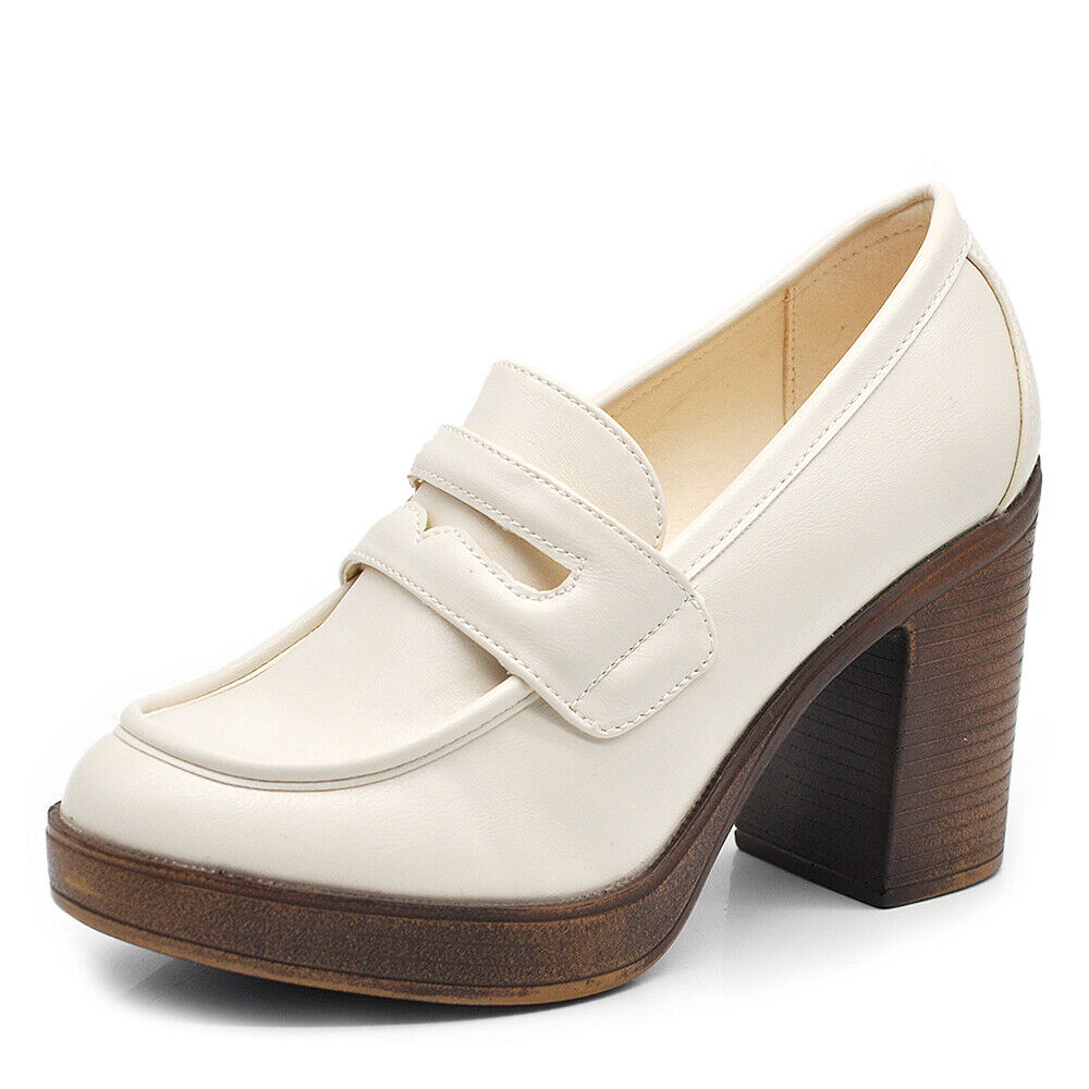 Mocassini Loafer Décolleté Da Donna Tacco Grosso MP354 nero cuoio panna beige