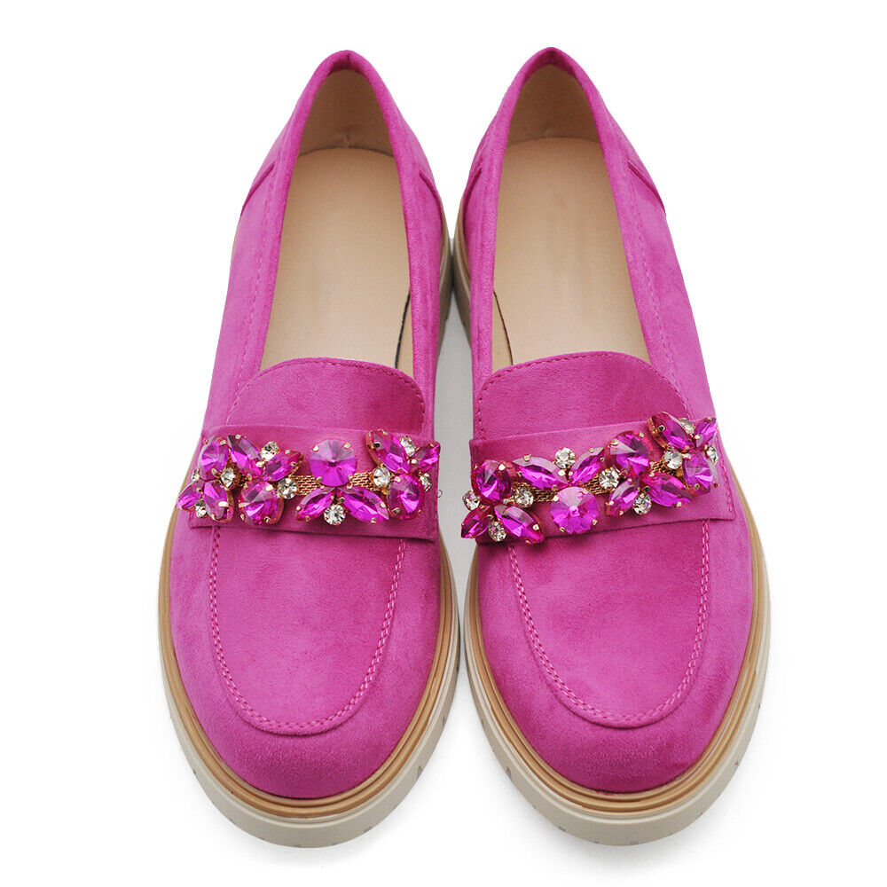 Scarpe Mocassini Loafers Slip On Scamosciati Da Donna Platform strass pietre 216