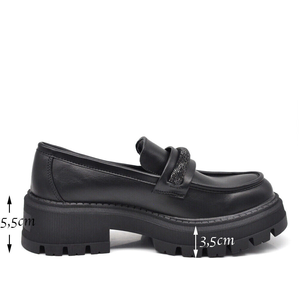 Scarpe Mocassini Loafers Slip On Da Donna Con Strass Pietrini Platform MP370-12