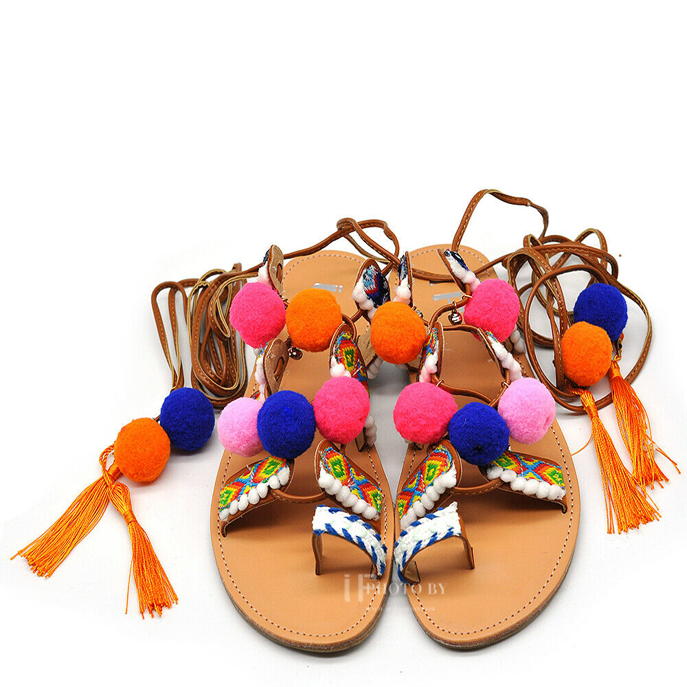 Scarpe Sandali Da Donna Schiava Ibiza Pom Pom Bohémien Frange Colorate IF1317