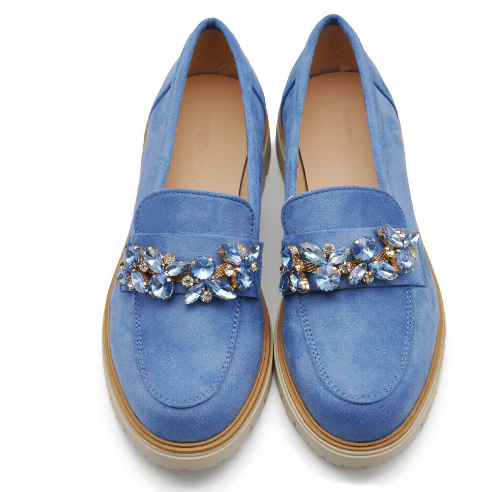 Scarpe Mocassini Loafers Slip On Scamosciati Da Donna Platform strass pietre 216