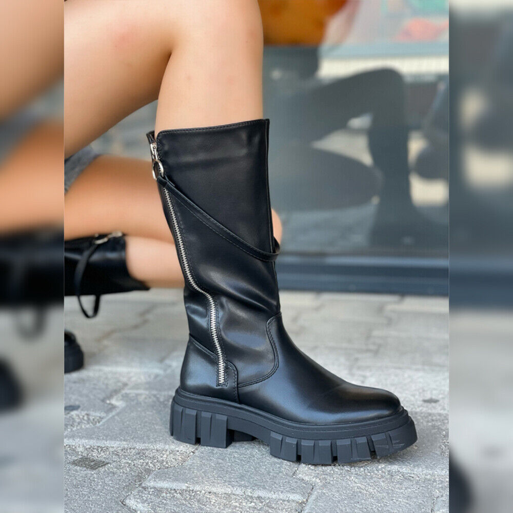 Scarpe Da Donna Stivali Motociclista Biker Doppio Zip Cerniera Platform 6630