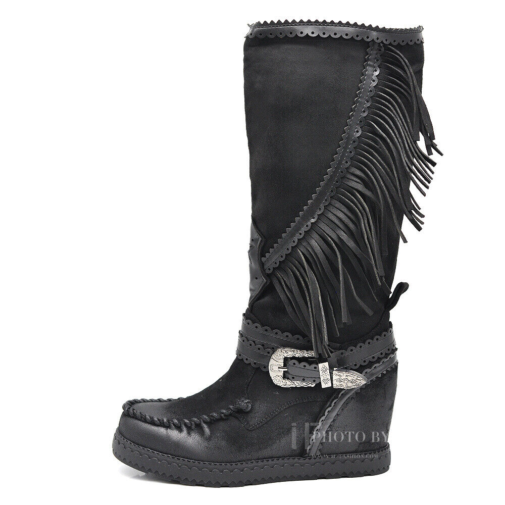 Stivali Indianini Da Donna Al Ginocchio Borcie Fibbie Frange Zeppa