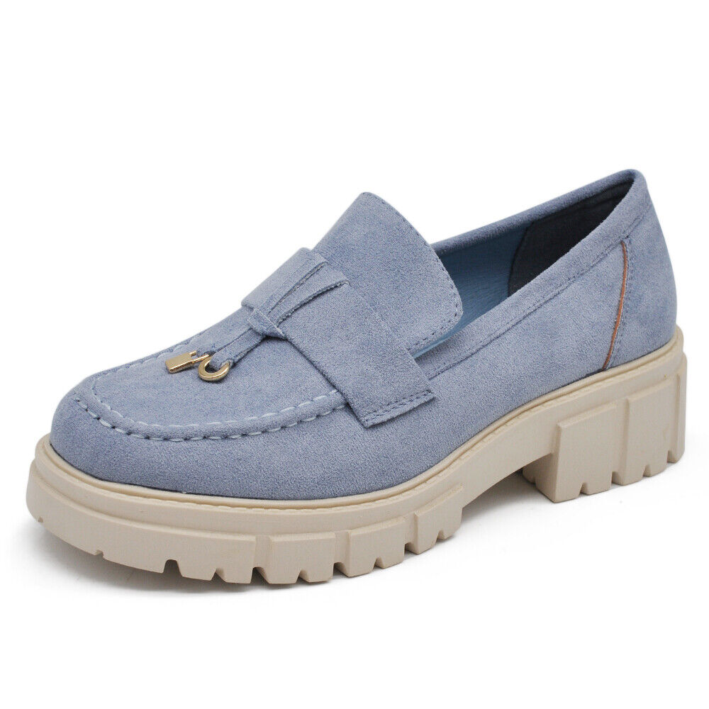 Scarpe Mocassini Loafers Slip On Scamosciati Da Donna Platform D8102 Khaki blu