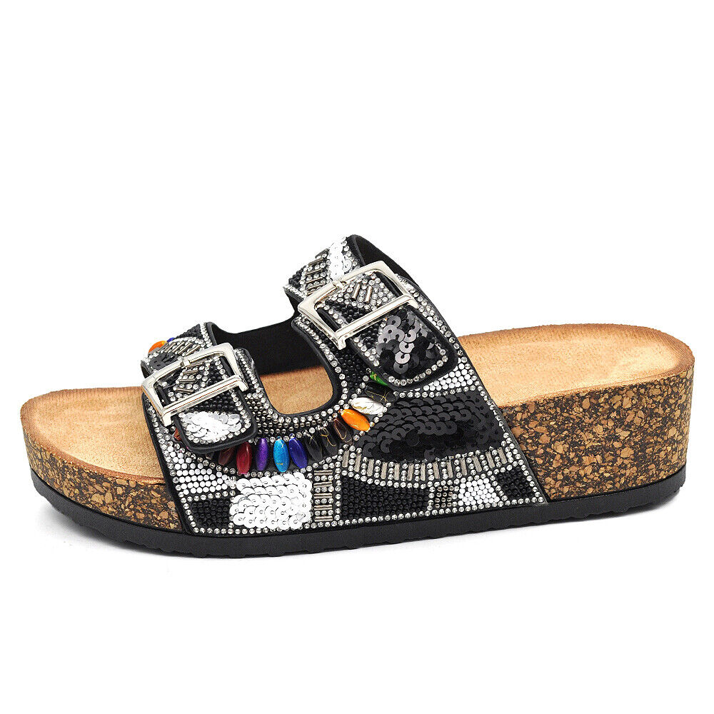 Scarpe Sandali Ciabatte Da Donna Con Fibbie e Zeppa Strass Pailettes GH-802