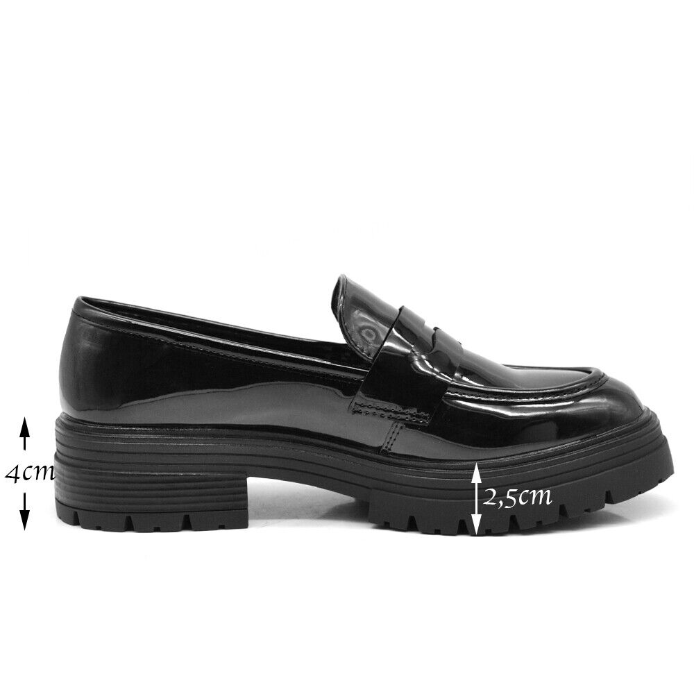 Scarpe Mocassini Loafers Slip On Lucido Da Donna Platform YL100 Nero Beige