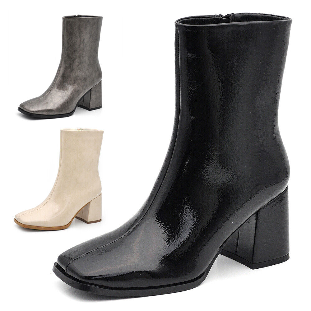 Punta Quadrata Tronchetti Tacco Largo Alto Stivaletti A Punta