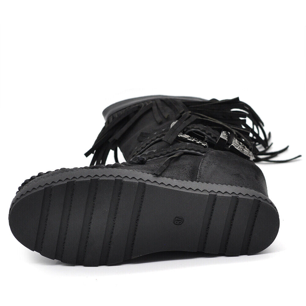 Stivali Stivaletti Indianini Da Donna Fibbia Zeppa Scamosciato Frange 9669