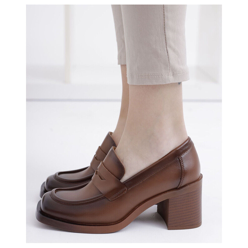 Mocassini Loafers Slip Scarpe Décolleté Da Donna Con Tacco MP622 nero camel