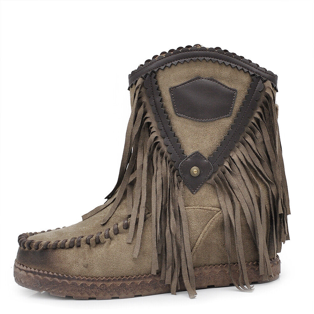 Stivali Stivaletti Indianini Da Donna Caviglia Zeppa Scamosciato Frange 1927